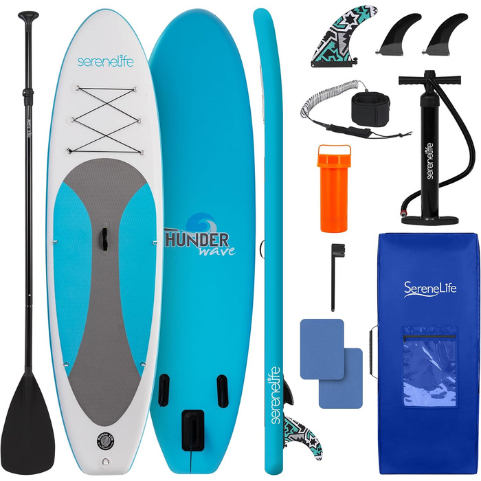 Надувний SUP СеренеЛайф для дорослих та дітей: комплект з веслом, насосом та сумкою. Touring SUP, рухлива дошка для плавання по морю, річці та озеру. Максимальне навантаження 155 кг, колір морської хвилі.
