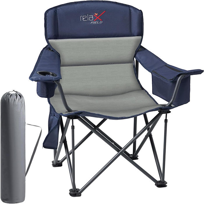 Крісло для кемпінгу складне RELAX FIELD 200 кг з підстаканником та сумкою-холодильником. Рибальське крісло, складане, з високою спинкою, блакитне.
