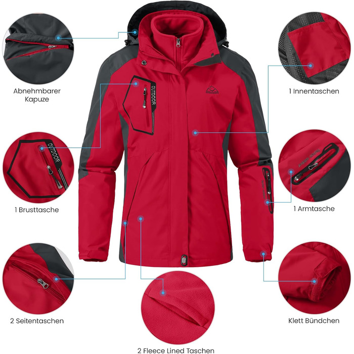 Жіноча куртка 3-в-1 для активного відпочинку: вітро- та вологозахисна з флісовою підкладкою, з капюшоном (Червоний, XXL)