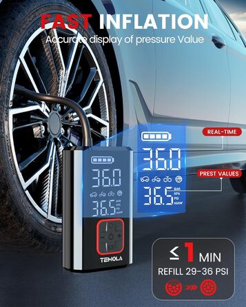 Електричний компресор TEMOLA 12V з LED, манометр 150 PSI, портативний акумуляторний насос-автомат для авто, велосипедів, мотоциклів і м'ячів
