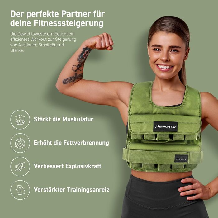 Вага для тренувань MSports Premium, регульована 5-30 кг, вага для бігу, фітнесу, силових тренувань (15 кг, Military Green)