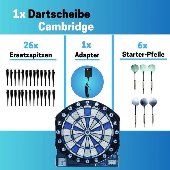 Електронна дартс-мішень Best Sporting Cambridge з LED-підсвіткою, автоматичний дартс з 6 дротиками, адаптером живлення, багатобарвна, розмір M