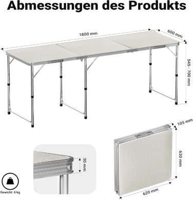 Складаний туристичний стіл Toboli з регулюванням висоти 180x60x70 см, алюмінієвий каркас, MDF стільниця, для кемпінгу, саду, буфета