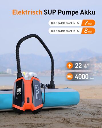 GICLE Електрична SUP-насос з акумулятором та портативним павербанком, 22 PSI, для SUP, човнів, наметів, каяків, перезаряджається (EU стандарт)