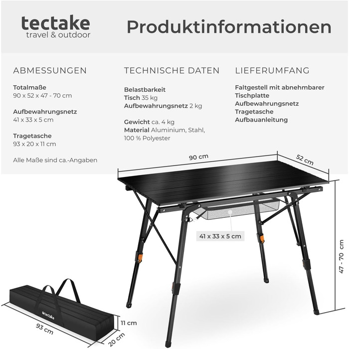 Стіл для кемпінгу Tectake®: розкладний, алюмінієвий, 90x52 см, чорний