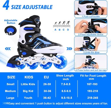 Регульовані дитячі ролики для катання на роликах, світлові колеса, чорно-синій колір, для хлопчиків та дівчаток