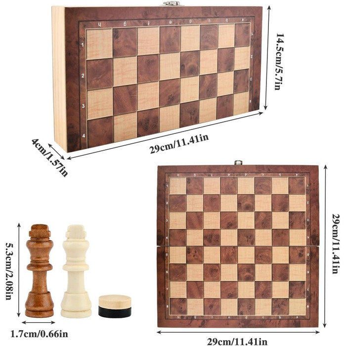 Шаховий набір дерев'яний 3 в 1, 29x29 см: шахи, шашки, шашки-кірпічі. Складаний, портативний, для подорожей, сім'ї, вечірок. Преміум якість.