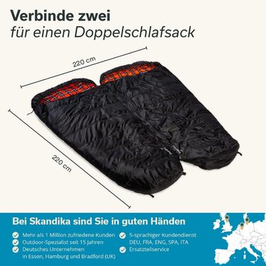 Спальний мішок Skandika Vegas Flanell XXL - для кемпінгу, 3 сезони, до -15°C, 220x110 см (Чорно-помаранчевий)