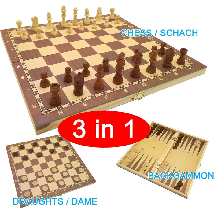 Шахове, шашки та бейсбольне поле 3 в 1 C&T у дерев'яній складаній коробці (33,8 см)