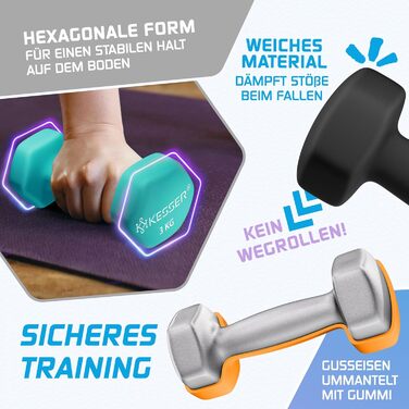 Набір гантелей KESSER® 18 кг з підставкою, 3 пари (1-5 кг), неслизьке неопренове покриття, з інструкцією та фітнес-гумками