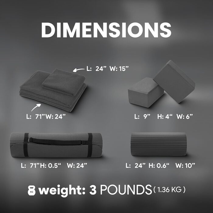 Набір для йоги BalanceFrom GoYoga 7 в 1: килимок 1/2'' з ременем, 2 блоки, рушник для килимка, рушник для рук, ремінь, наколінник, сірий