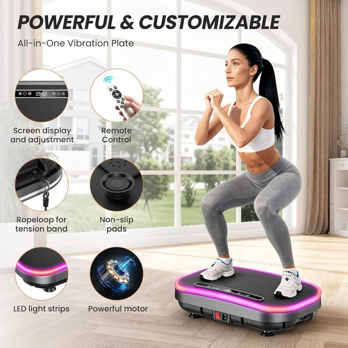 Платформа для вібраційного масажу для схуднення з еластичними стрічками, 9 режимів, 120 рівнів інтенсивності, Bluetooth, LED-дисплей, 150 кг, срібна