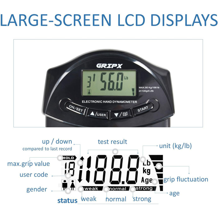 Цифровий ручний динамометр GRIPX для вимірювання сили хвата, електронний, 90 кг / 198 lbs, чорний