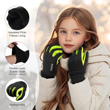 Дитячі рукавички Softshell Зимові водонепроникні рукавички для спорту, їзди на велосипеді та верхової їзди. Теплі рукавички для дівчаток та хлопчиків, Anti-Slip, вітронепроникні, флісові. Розмір S, чорно-флуоресцентний зелений