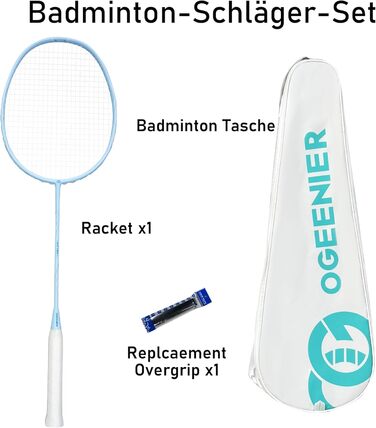 Ракетка для бадмінтону OGEENIER з графіту, легка, професійна, карбонова, з антиковзним грифом та сумкою (Блакитна)