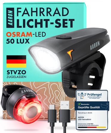 Велосипедні ліхтарі AARON 50 LUX: комплект для міських поїздок та електровелосипедів, сертифіковано StVZO, USB-зарядка, водонепроникні. Комплект освітлення для велосипеда (передній + задній)
