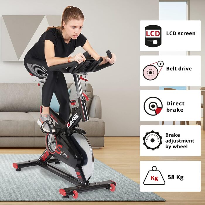 Велотренажер Care Fitness SPIDER електронний, 24 кг маховик, домашній спінбайк, багатофункціональний комп'ютер, реалістичне відчуття їзди