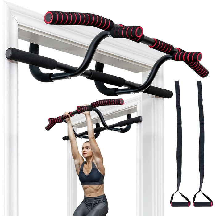 Кімнатний турнік COSTWAY для дверного прорізу без свердління, турнік для підтягувань з гімнастичною стінкою та тросом, дип-бар до 150 кг, турнік для силових тренувань вдома, чорний