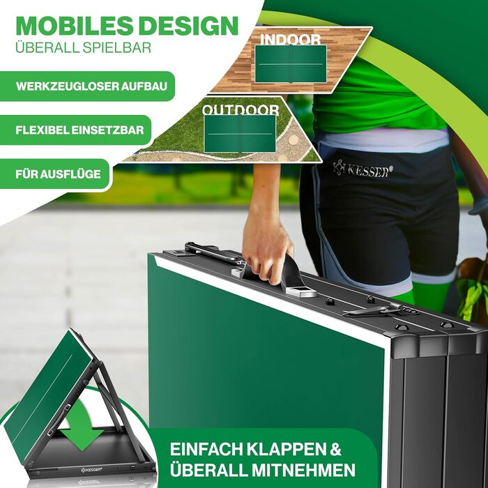 Набір для пінг-понгу KESSER® Mini з столом, ракетками, м'ячами та сіткою | Внутрішнє використання, портативний | Ламінована стільниця, складаний дизайн-кейc, для дітей та дорослих – 153 x 76,5 см, зелений