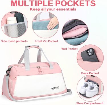 Спортивна сумка-рюкзак для подорожей: велика, водонепроникна, з відділенням для взуття та мокрих речей, для жінок та чоловіків (білий+рожевий)