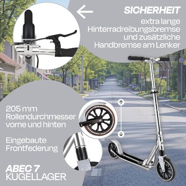 Роликовий самокат GLOBBER NL 205 – для дітей від 8 років, підлітків та дорослих, регульована висота, колеса 205 мм, ABEC 7, вінтажний сріблястий