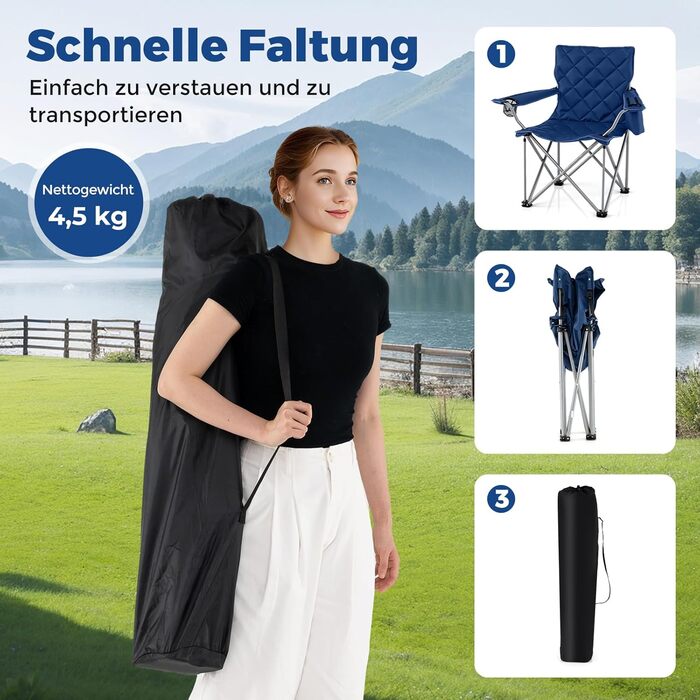 Крісло для кемпінгу Costway XXL, 227 кг, з підлокітниками та кишенею для напоїв, для відпочинку на природі, риболовлі, дачі, пляжу (Navy)