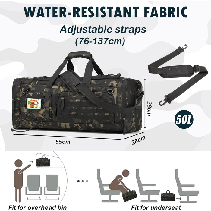 Спортивна сумка 50L для чоловіків 3-в-1 з відділенням для мокрого одягу та взуття, рюкзак, дорожня сумка, валіза ручної поклажі, для тренувань, залу, плавання, подорожей (Чорний CM)