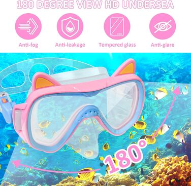 Дитяча маска для снорклінгу та плавання, 4-16 років, комплект, панорама 180°, сухий сноркель, рожева