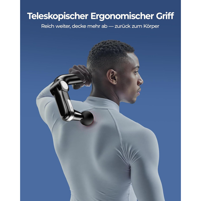 Масажер для тіла KingPavonini з висувним руків'ям та складним голівкою, масажна пістолета для спини з 3 регульованими кутами та 4 насадками, масажер - подарунок для чоловіків та жінок, чорний