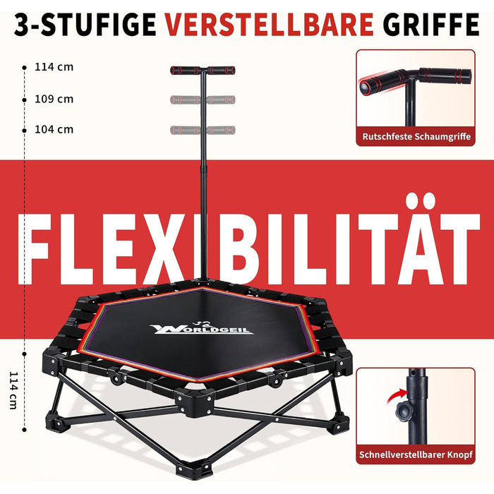 Складаний фітнес-батут для дому з регульованою ручкою, навантаження до 150 кг, Ø 86.5 см, для дорослих та дітей (Colorful)