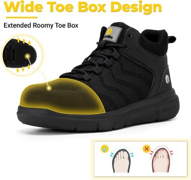 Черевики безпеки FitVille для чоловіків, X-широкі, з металевим носком, легкі, дихаючі, антипрокольні, протиковзкі, чорні, 47 EU
