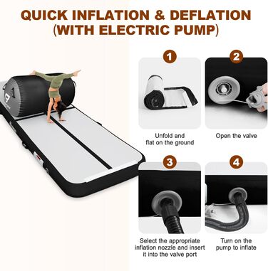 FBSPORT Килимок для гімнастики та йоги надувний, 400x100x10 см, з ролею, чорно-сірий