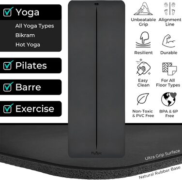 Килимок для йоги Plyopic Ultra-Grip Pro – нековзкий, комфортний, стійкий до поту, з розміткою. Підходить для йоги, джоги, пілатесу, бікрам-йоги та хот-йоги. Чорний колір (Midline)