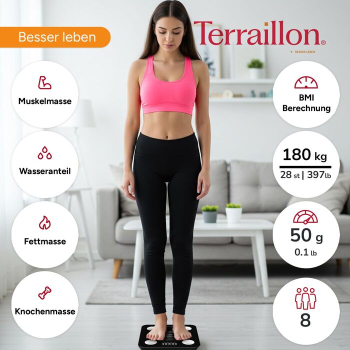 Інтелектуальна вага TERRAILLON WEIGHT CONNECT з Bluetooth, аналіз складу тіла (жир, м'язи, вода, кістки), BMI, ємність 180 кг, шкала 50 г, LED-дисплей, скляна платформа, чорний колір