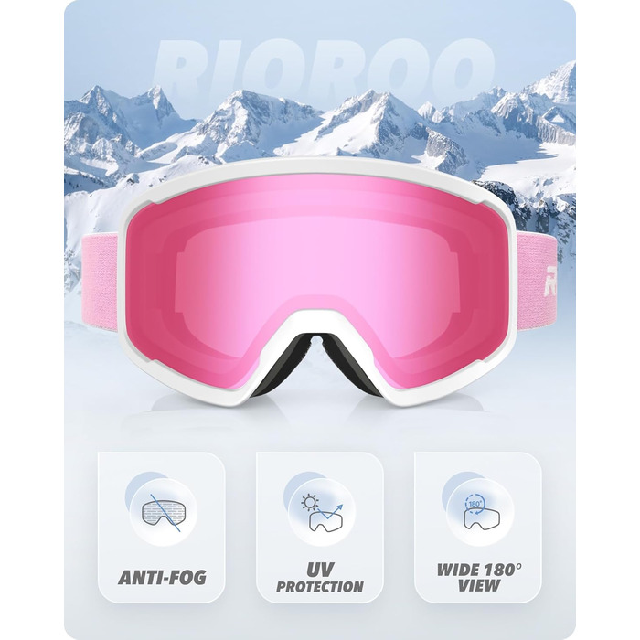 Лижна маска RIOROO для чоловіків і жінок, OTG, 100% UV-захист, антифог, для сноуборду, для окулярів, біло-рожева