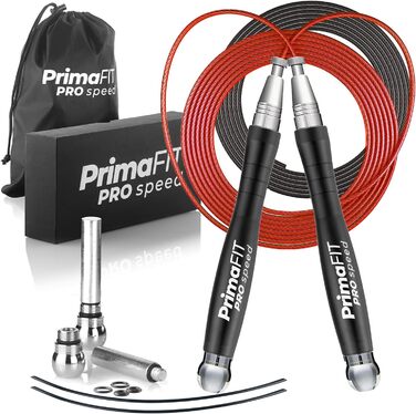 Скакалка PrimaFIT для дорослих, професійна, 3 м, зі змінними вагами, 2 підшипники, нековзні ручки, для боксу, MMA, кросфіту, сталева, чорна, з сумкою