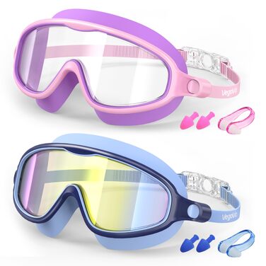 Дитячі окуляри для плавання VegoVia Kinder-Schwimmbrille (2 шт.): антифог, UV-захист, для хлопчиків та дівчаток 3-15 років, блакитні/дзеркальні та фіолетові/прозорі