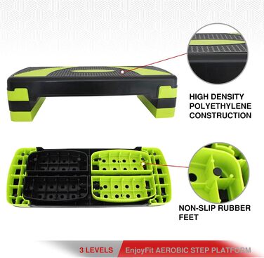 Аеробічний степ-платформа EnjoyFit XL преміум, 3-рівнева висота, 78x30x10/15/20 см, зелено-чорна