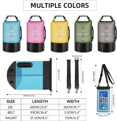 Водонепроникний сухий мішок GES 20 л Roll-Top з кишенею для телефону - для каякінгу, сплаву, кемпінгу та риболовлі (Світло-блакитний)