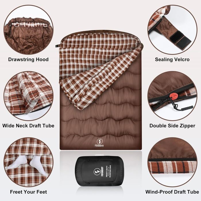 Спальний мішок Baumwolle для 2 осіб, зимовий, водонепроникний, Queen Size, для кемпінгу та подорожей на автодомі (колір: коричневий)