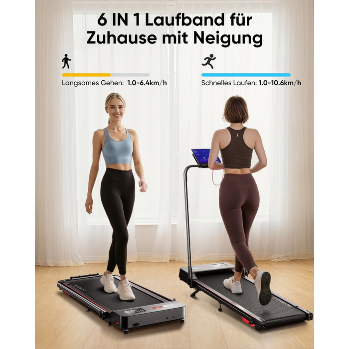 Біговий тренажер 6 в 1 для дому, складаний, з регулюванням нахилу 10% та ручкою. Підходить для дому/офісу, LED-дисплей, до 135 кг, пульт дистанційного керування та додаток. Без встановлення (червоний)