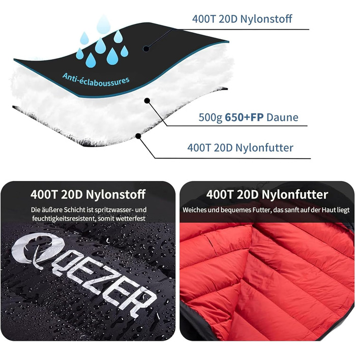 Спальний мішок для дорослих та дітей, зимовий, легкий, Outdoor 8°C ~ -30°C, для кемпінгу та альпінізму, 650 FP гусячий пух, 500г, чорний