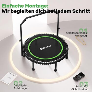 Міні-батут BCAN для дорослих, 102/122 см, до 204/250 кг, з бунжеєвими тросами, регульованою ручкою, стабільний, тихий, для дому та вулиці, тренування всього тіла, релаксація