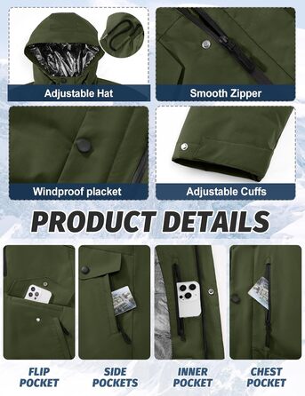 Зимова куртка для чоловіків, водонепроникна, тепла, з капюшоном та компасом (M) - Military Green