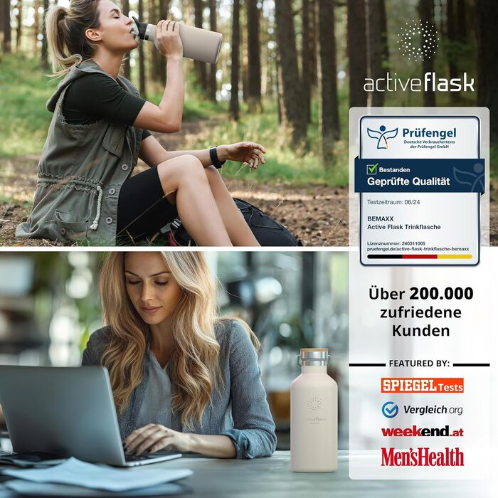 Фляга для води з нержавіючої сталі з трубочкою та інфузером, 3 кришки: BPA-free, не протікає, підходить для газованої води - 950 мл, Cream White, бамбук