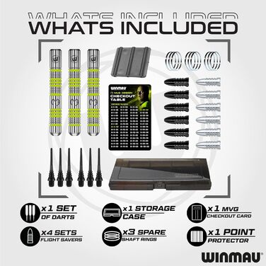 Подарунковий набір дартсу Winmau Michael Van Gerwen MvG, 50 елементів: 4 комплекти стрижнів, 4 комплекти оперень, аксесуари, Softip