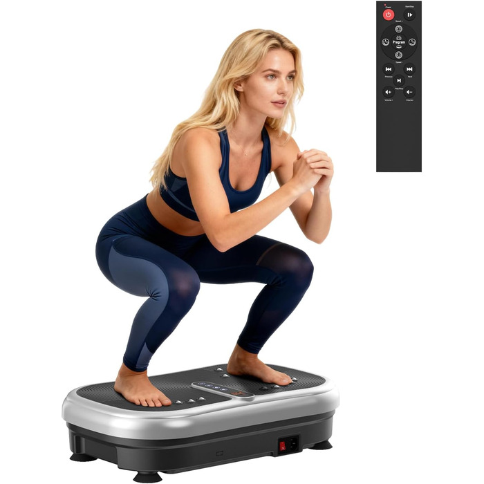 Вібраційна платформа 200W для фітнесу з пультом дистанційного керування, 120 рівнів, ультразвук та гумові ніжки – для домашніх тренувань, підтяжки м'язів та регенерації, ідеально для жінок та людей похилого віку, сріблястого кольору
