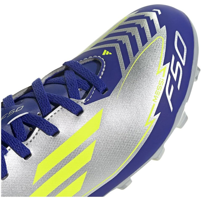 Футбольні бутси adidas F50 Club Messi для унісекс, гнучка підошва, розмір 21 EU, сріблястий, сонячно-жовтий, блакитний