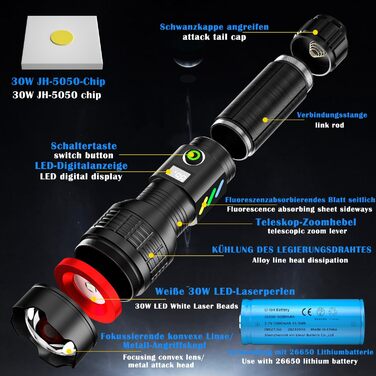 LED ліхтарик ASORT надзвичайно яскравий з 2 COB-лампами, тактичний, 9 режимів, пам'ять, USB-зарядка, IPX6 водонепроникний, для кемпінгу, походів, риболовлі, відпочинку на природі, надзвичайних ситуацій (L3)