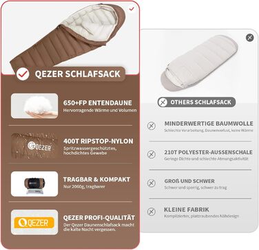 Спальний мішок Daunenschlafsack: теплий зимовий спальник з гусячим пухом 650 fill power. Сертифікований RDS. Температурний режим: від 8°C до -30°C. Ідеально для кемпінгу та альпінізму. Чорний (-10°C), Коричневий (-10°C)